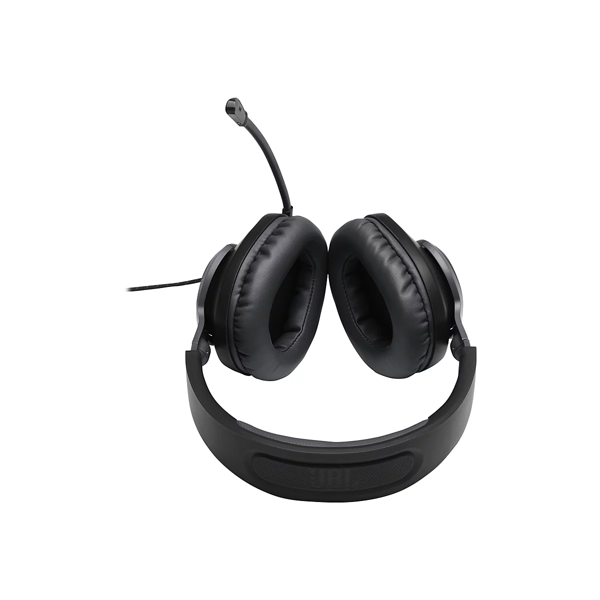 Schwarzes Headset mit Mikrofon, vor weißem Hintergrund. Der Bügel ist leicht gebogen und die Ohrmuscheln zeigen nach außen, die Form erinnert an ein lächelndes Gesicht.
