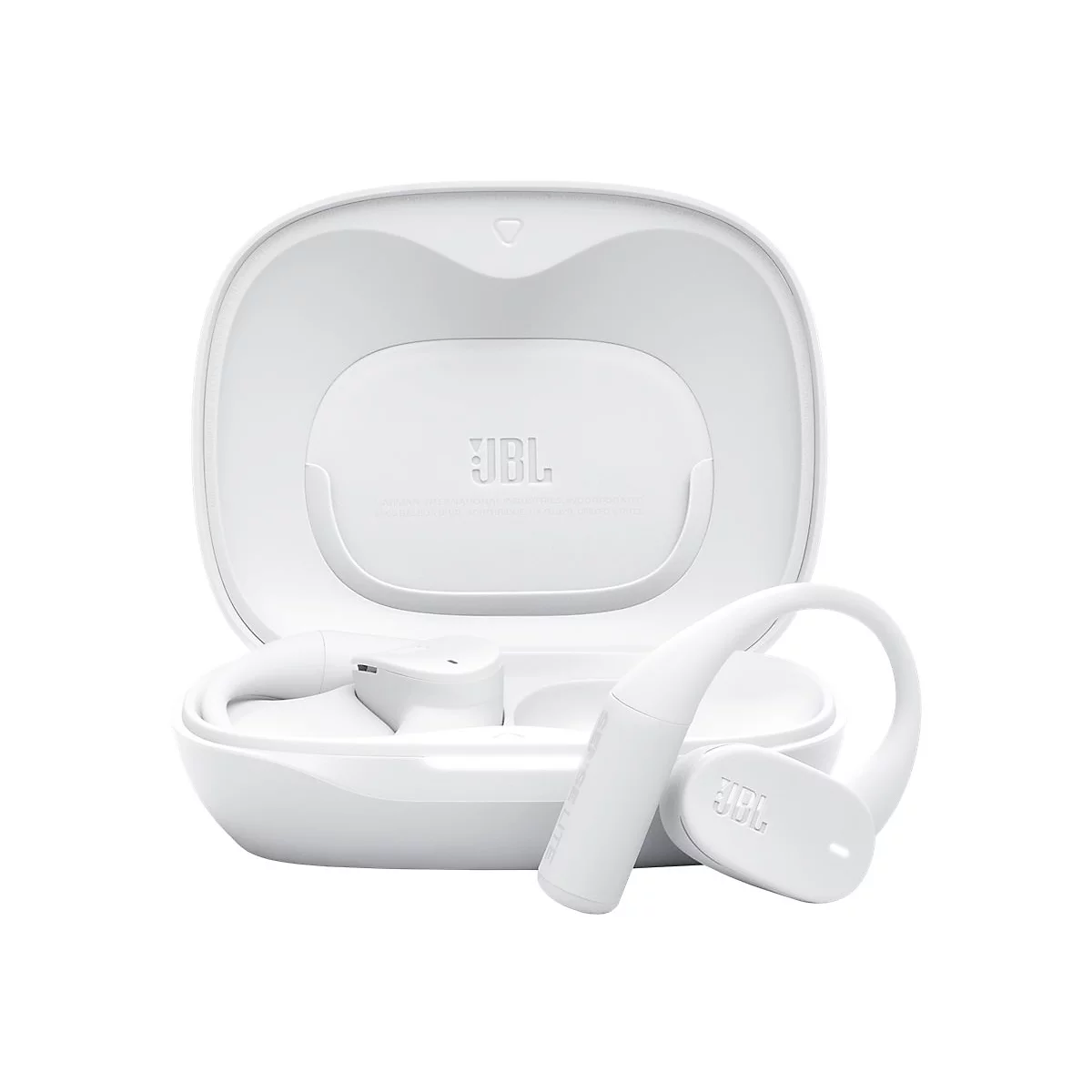 Weiße JBL Soundgear Sense Kopfhörer mit Ladecase vor weißem Hintergrund.