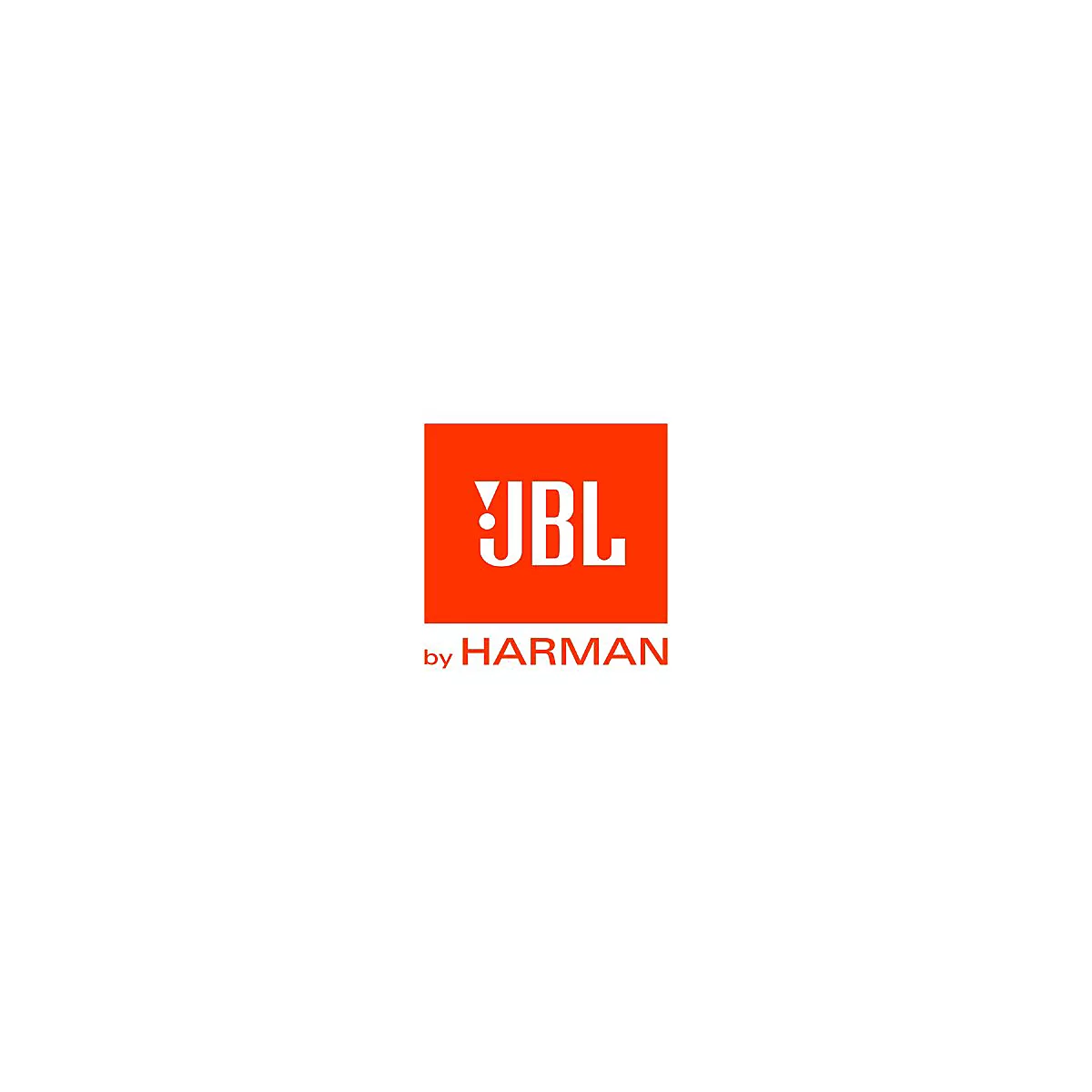 Das weiße JBL Logo auf orangem Quadrat mit dem Zusatzschriftzug by HARMAN in Orange.
