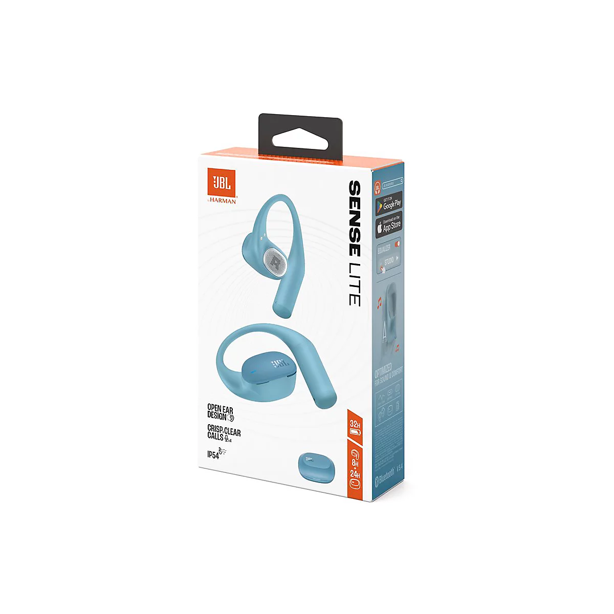 Produktverpackung der hellblauen JBL Sense Lite Open-Ear-Kopfhörer auf weißem Hintergrund.