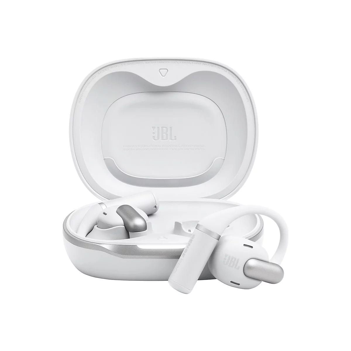 Weiße JBL Soundgear Sense Kopfhörer in ihrem geöffneten, weißen Ladecase.