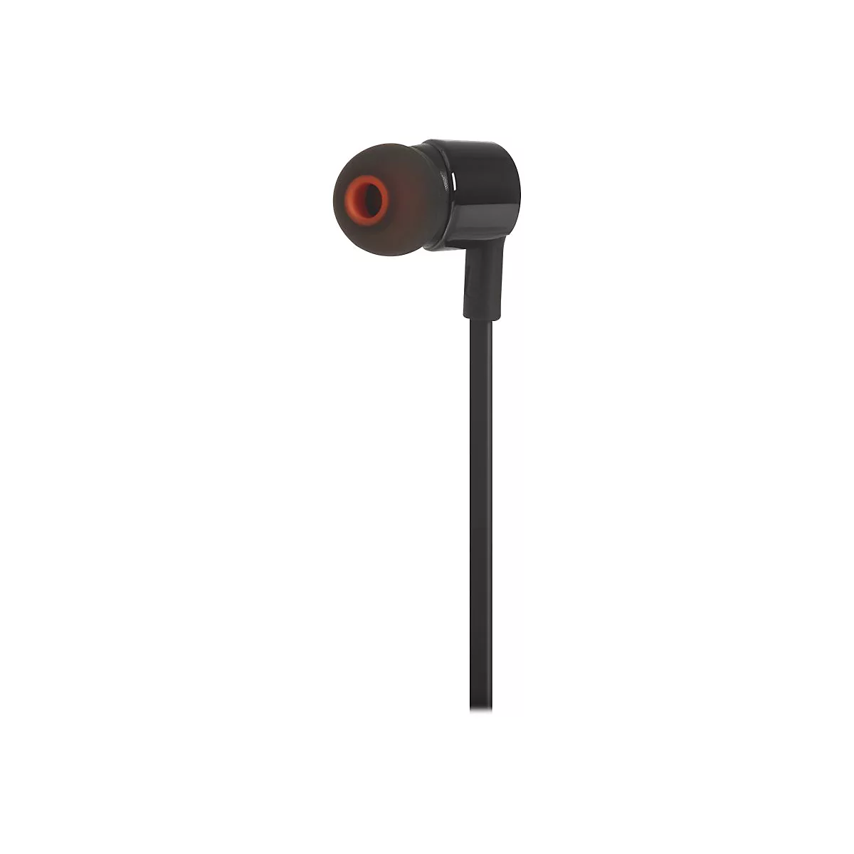 Schwarzer In-Ear-Kopfhörer mit orangefarbenem Ohrstöpsel. Der Kopfhörer ist auf weißem Hintergrund isoliert.