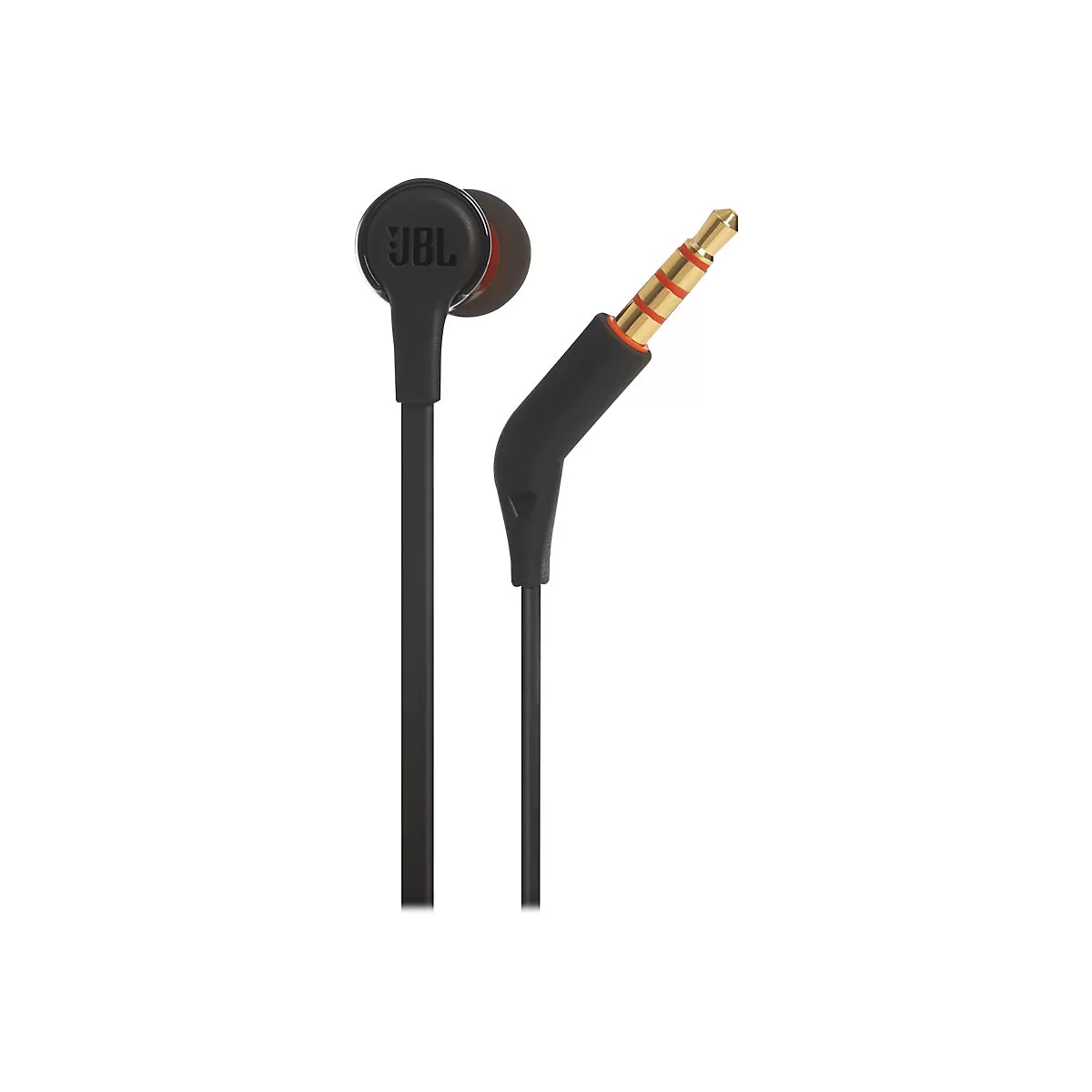 Schwarze JBL-In-Ear-Kopfhörer mit goldfarbenem Klinkenstecker, Detailaufnahme vor weißem Hintergrund.