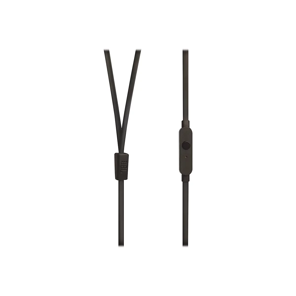 Drahtlose, dunkelgraue Kopfhörer mit einem JBL-Logo. Auf der einen Seite Kabel mit Fernbedienung. Auf der anderen Seite Kabel, das sich zu einem V teilt.
