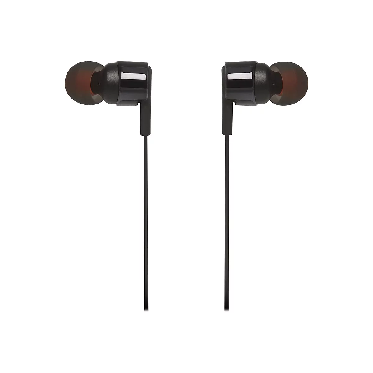 Zwei schwarze In-Ear-Kopfhörer mit schwarzen Kabeln und roten Ohrstöpseln vor weißem Hintergrund.