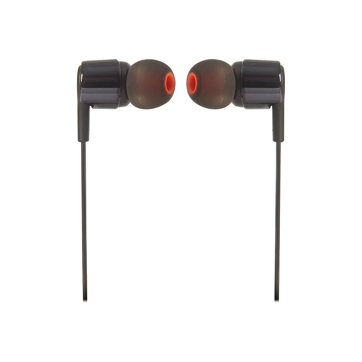 Schwarze In-Ear-Kopfhörer mit orangen Ohrstöpseln und feinen Kabeln.