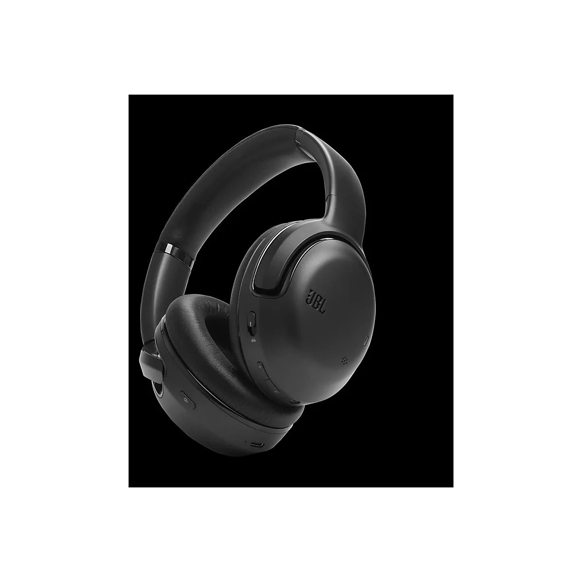 Schwarze, kabellose JBL Over-Ear-Kopfhörer vor schwarzem Hintergrund.