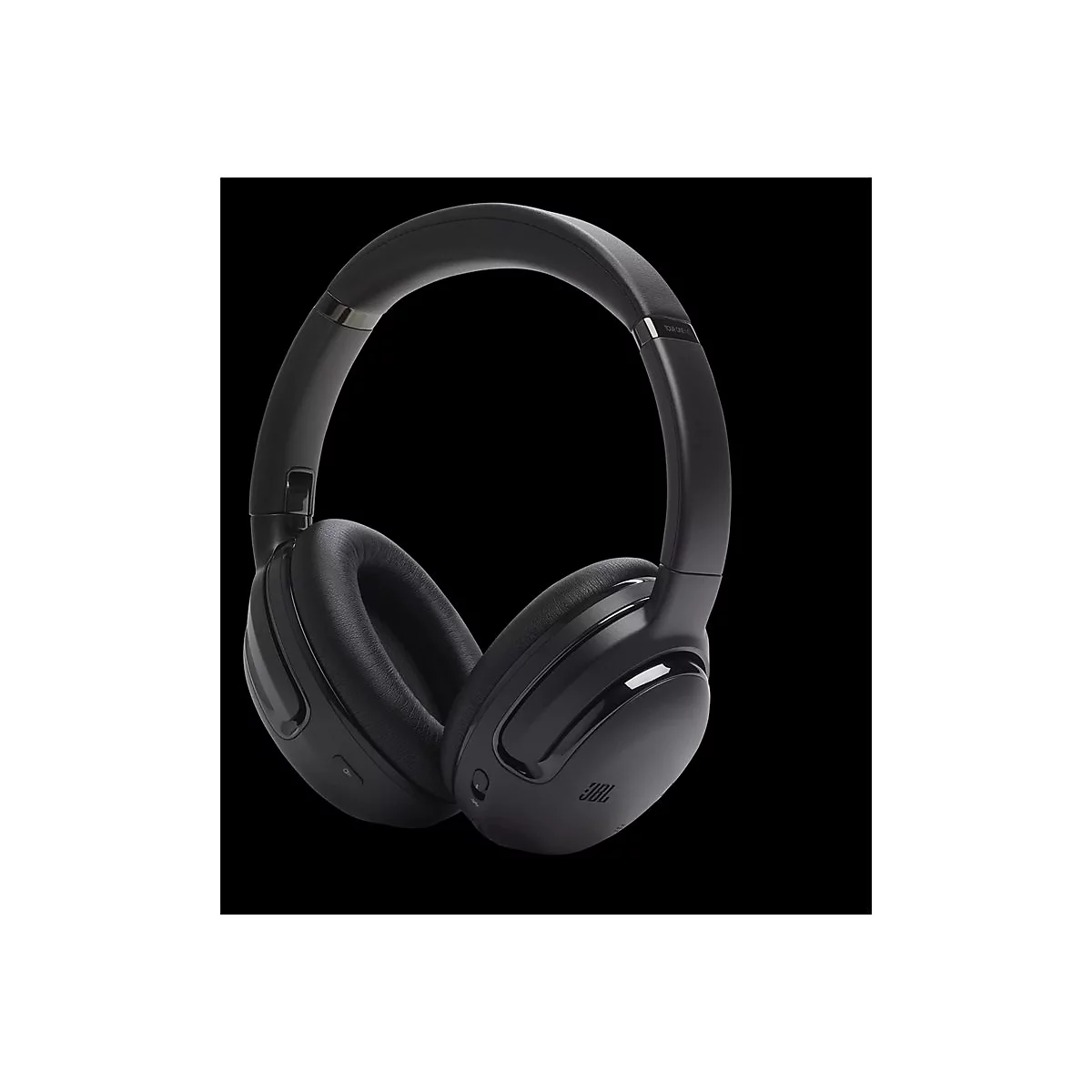 Schwarze JBL Over-Ear-Kopfhörer vor schwarzem Hintergrund.