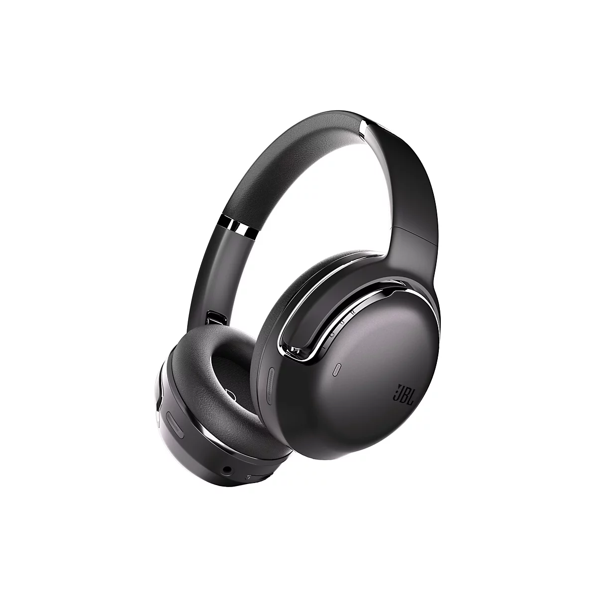 Schwarze kabellose JBL Over-Ear-Kopfhörer vor weißem Hintergrund.