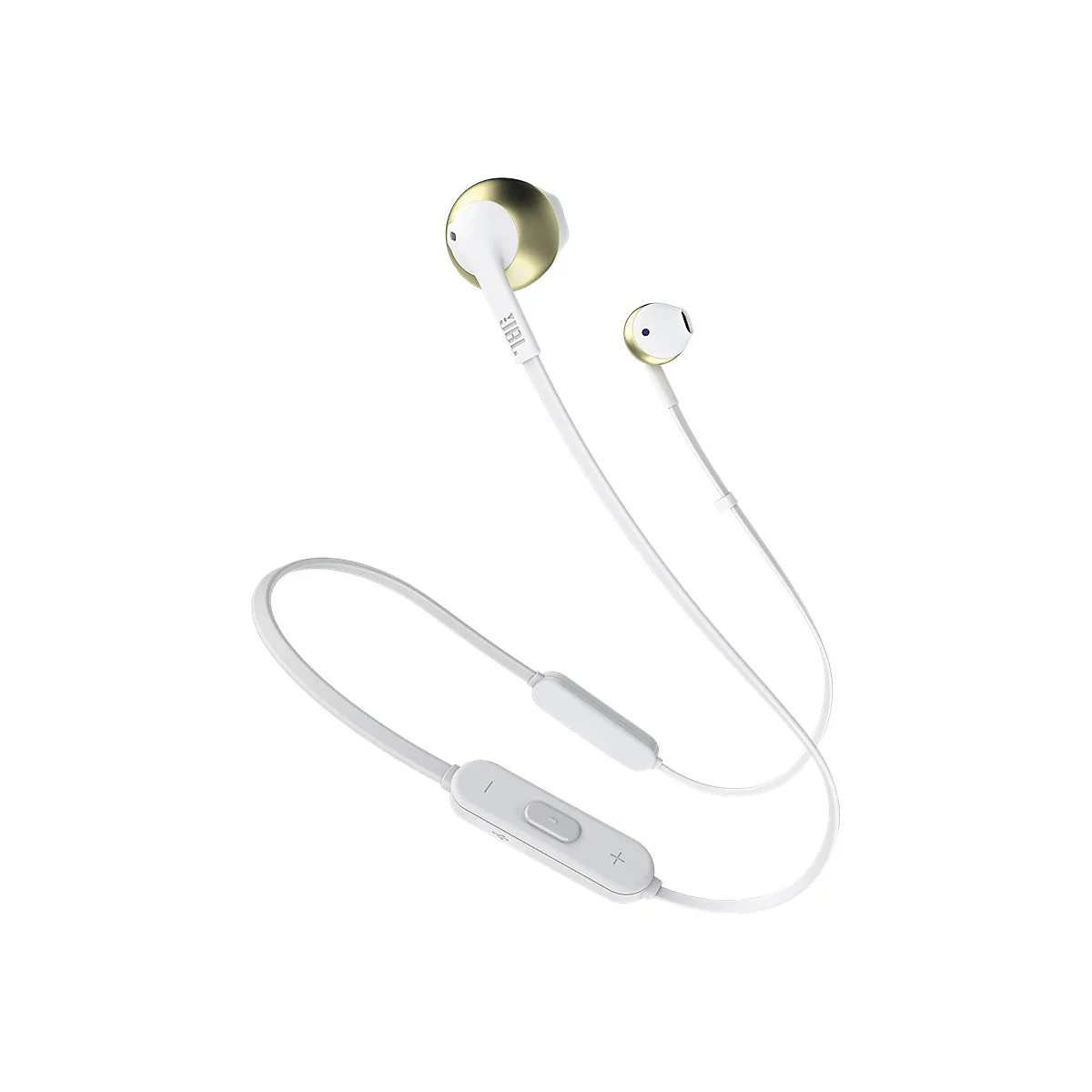 Weiße JBL In-Ear-Kopfhörer mit goldenen Akzenten und Kabelfernbedienung vor weißem Hintergrund.
