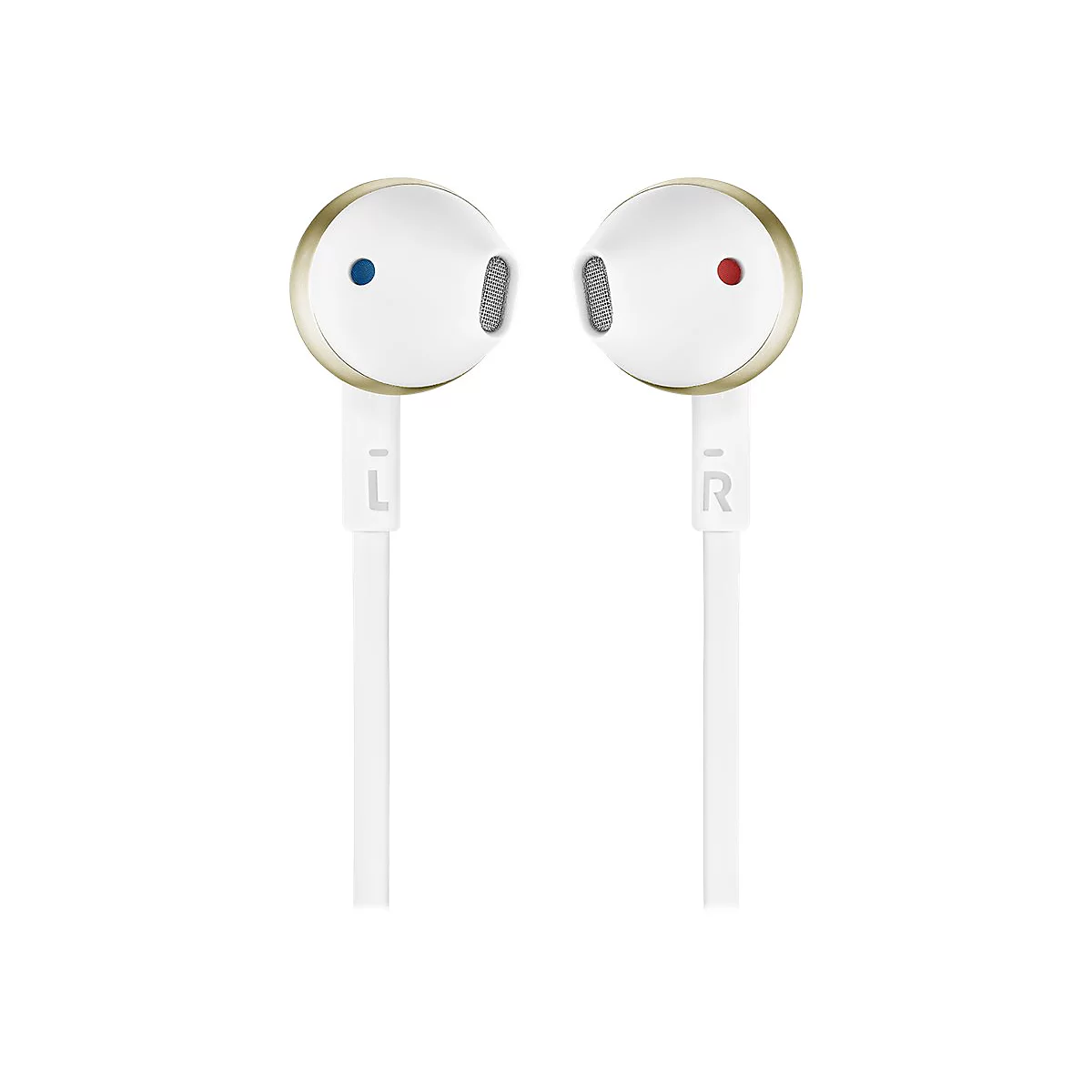 Weiße In-Ear-Kopfhörer mit goldenem Rand, blauem Punkt links und rotem Punkt rechts vor weißem Hintergrund.