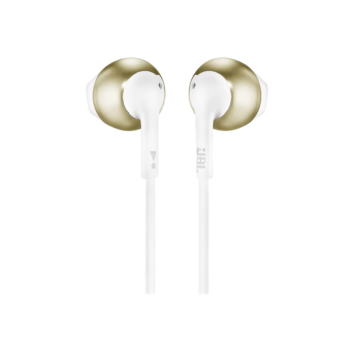 Zwei gold-weiße JBL In-Ear-Kopfhörer vor weißem Hintergrund.