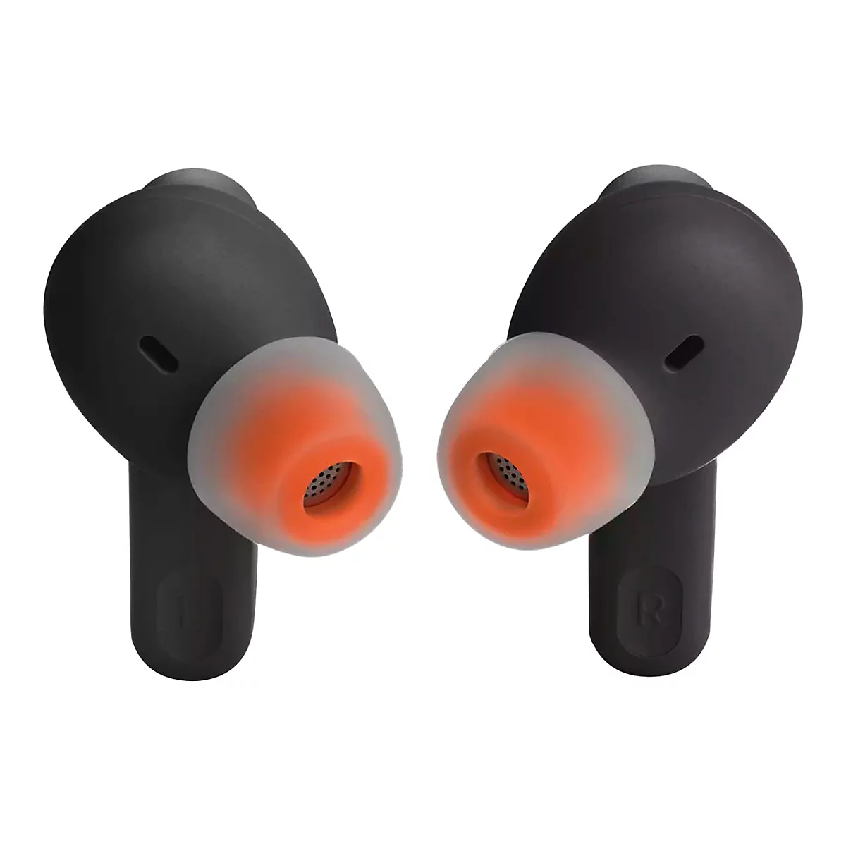 Zwei schwarze In-Ear-Kopfhörer mit orangefarbenen Ohrpolstern, nebeneinander vor weißem Hintergrund.