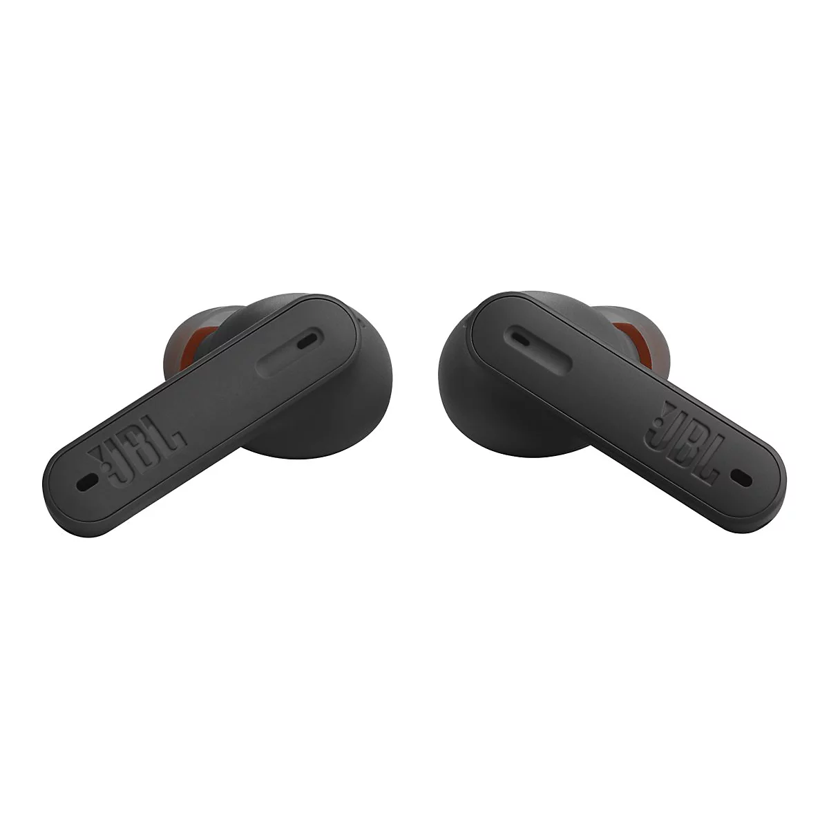 Zwei schwarze JBL-In-Ear-Kopfhörer mit Stielen vor weißem Hintergrund.