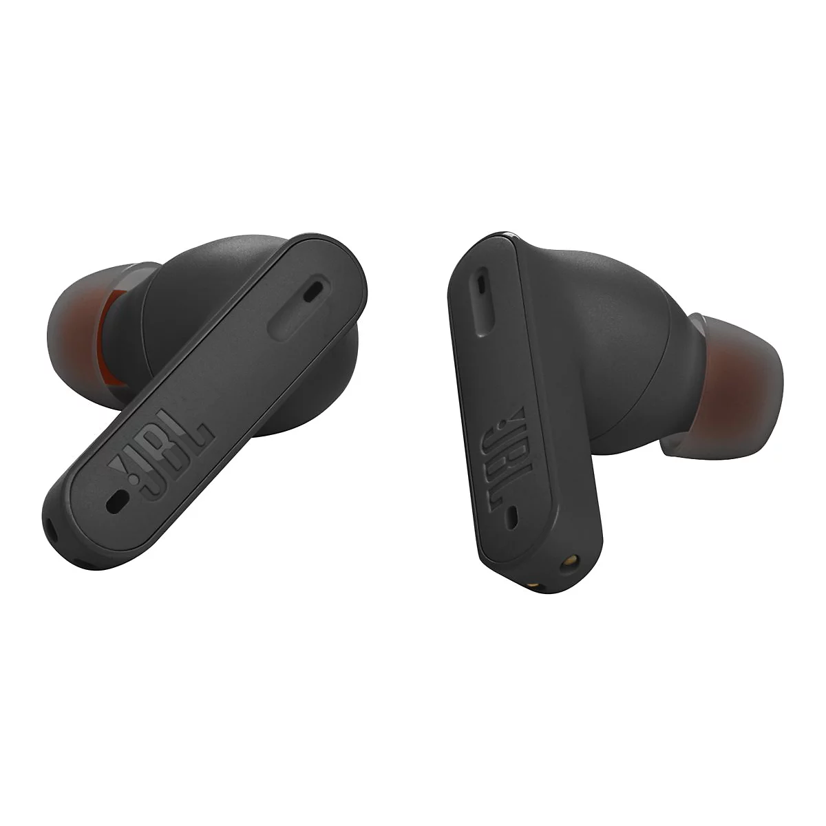 Zwei schwarze JBL In-Ear-Kopfhörer vor weißem Hintergrund mit Firmenlogo auf dem Schaft.