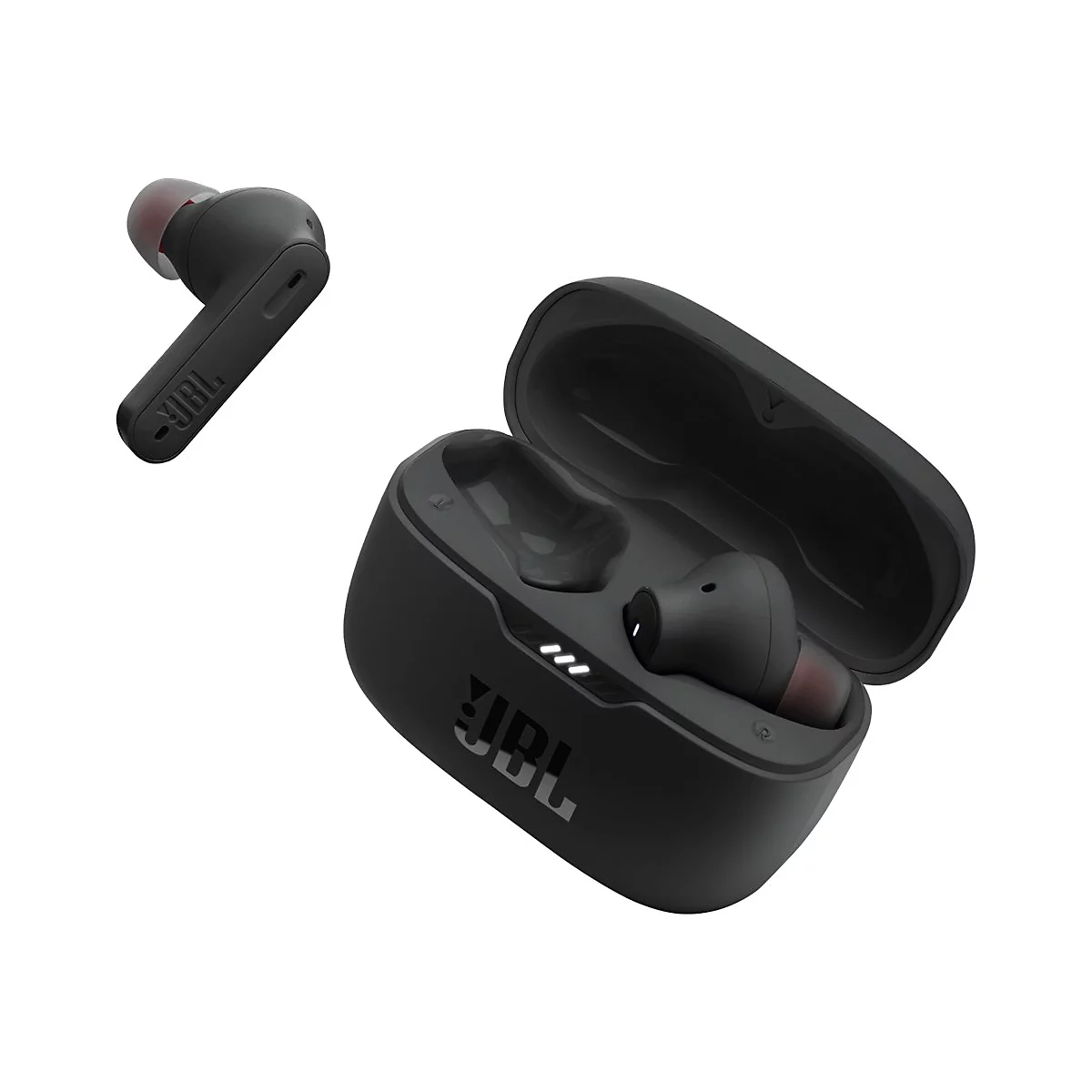 Schwarze JBL In-Ear-Kopfhörer mit Ladeetui vor weißem Hintergrund.