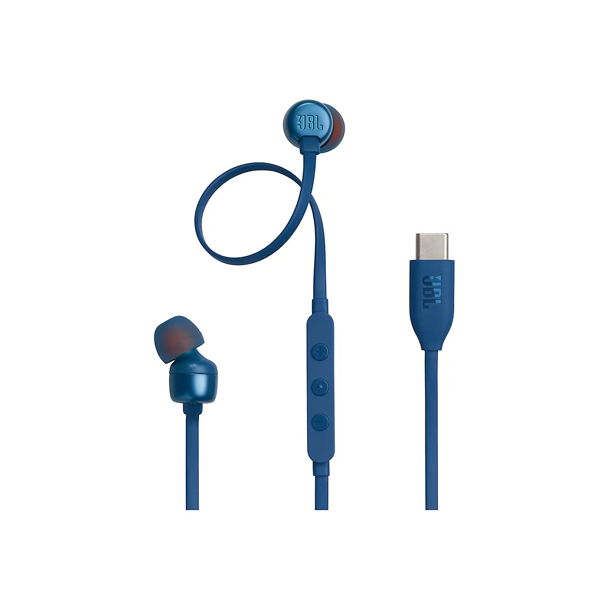 Blaue JBL In-Ear-Kopfhörer mit Kabel und USB-C-Anschluss vor weißem Hintergrund.