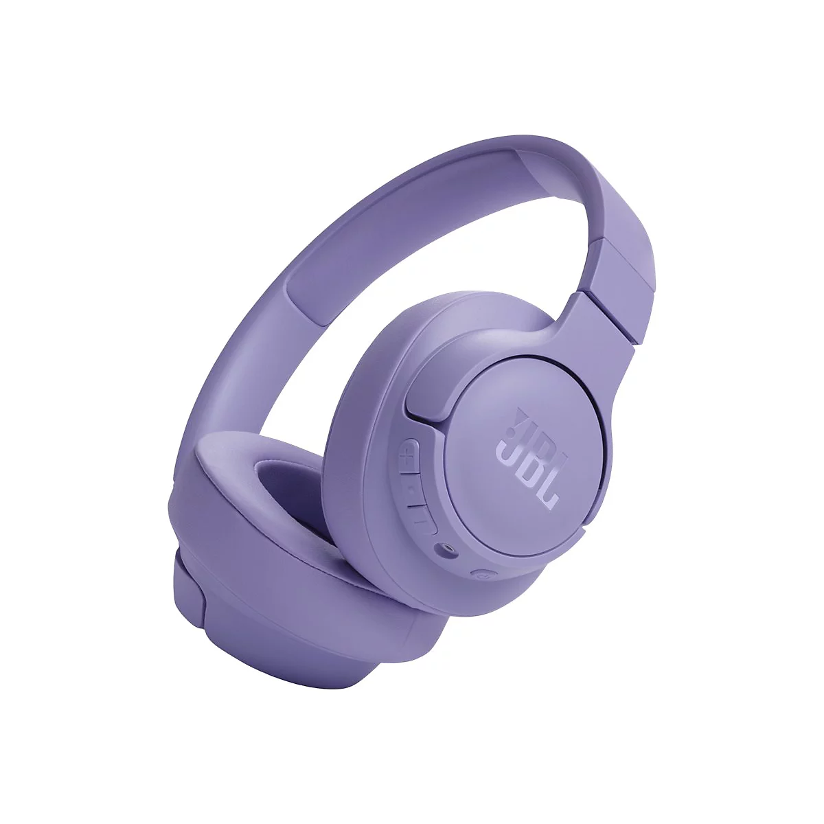 Helle, fliederfarbene JBL Bluetooth-Kopfhörer vor weißem Hintergrund.