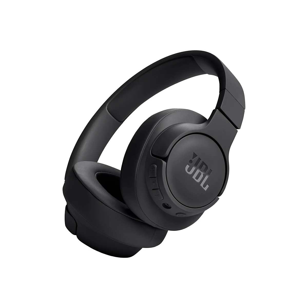 Schwarze kabellose JBL Over-Ear-Kopfhörer vor weißem Hintergrund.