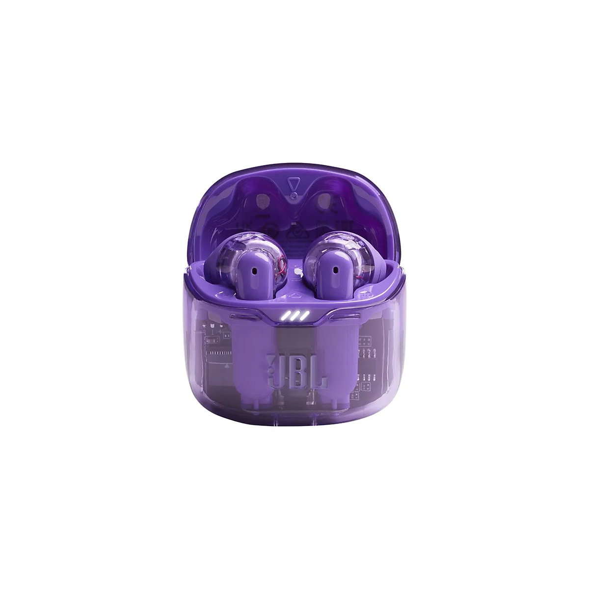Violette JBL-Kopfhörer in geöffneter Ladebox. Transparente Kunststoffhülle zeigt das Innenleben. Logo und LEDs sind sichtbar.