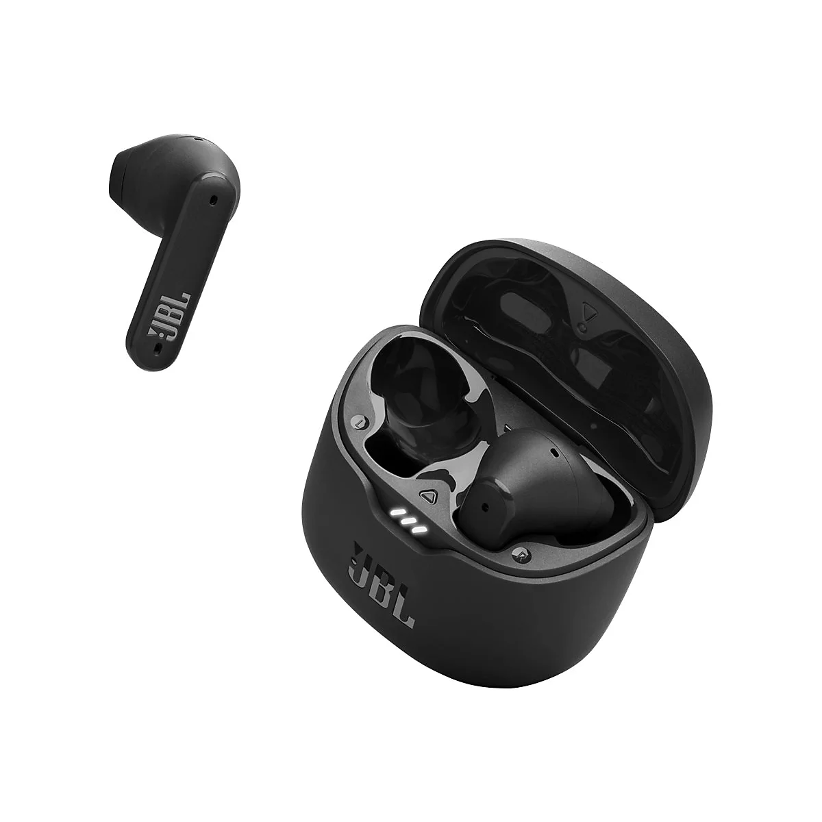 Schwarze JBL In-Ear-Kopfhörer mit offenem Ladecase vor weißem Hintergrund.
