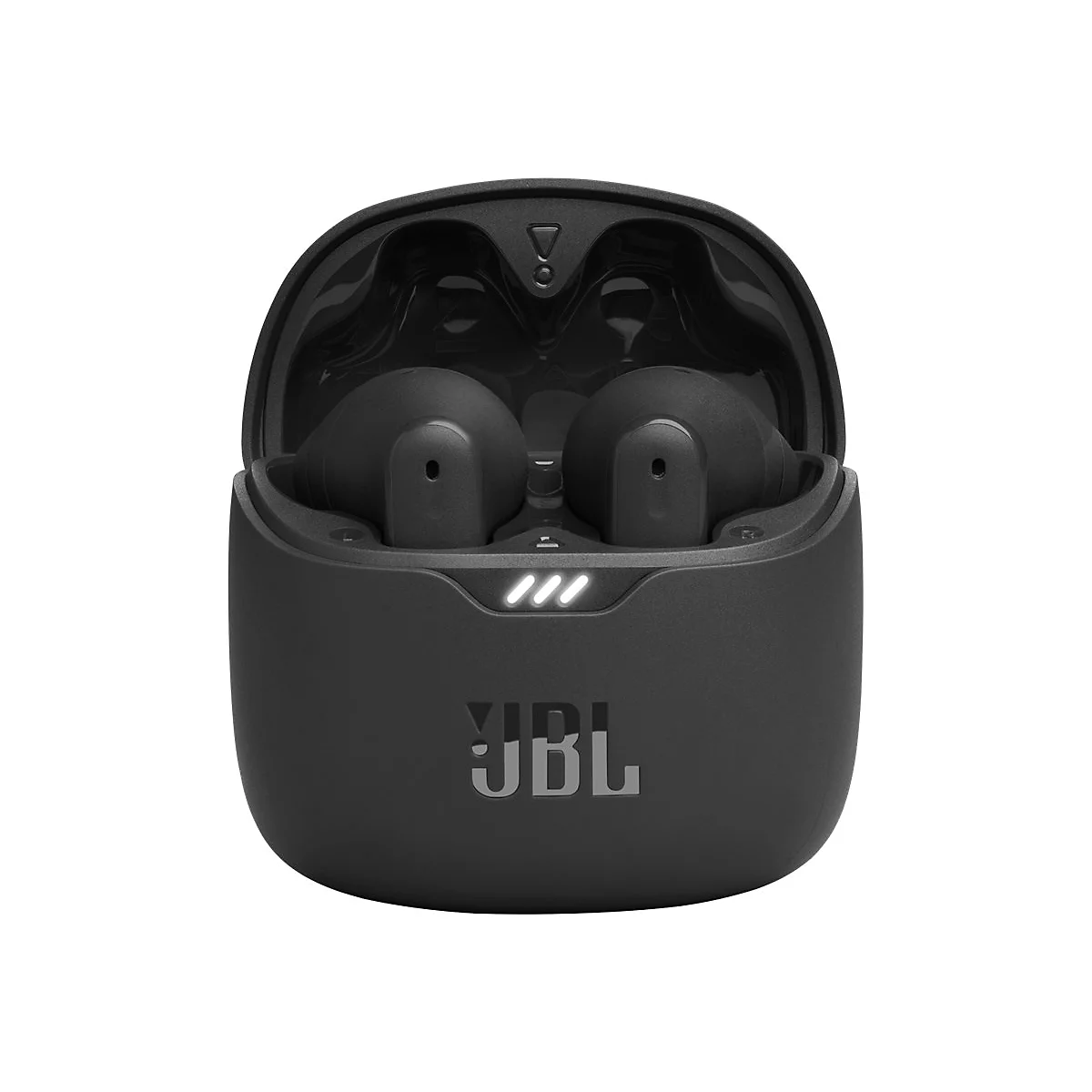 Schwarzes JBL Ladecase mit geöffnetem Deckel, darin zwei schwarze In-Ear-Kopfhörer, drei LED-Statuslichter leuchten.