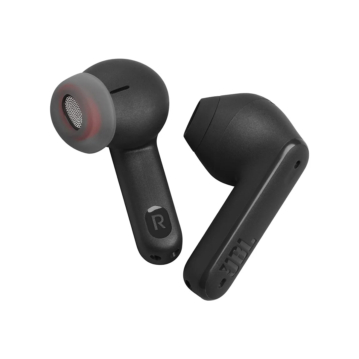Zwei schwarze JBL In-Ear-Kopfhörer vor weißem Hintergrund, einer mit erkennbarem R-Symbol und Silikonaufsatz.