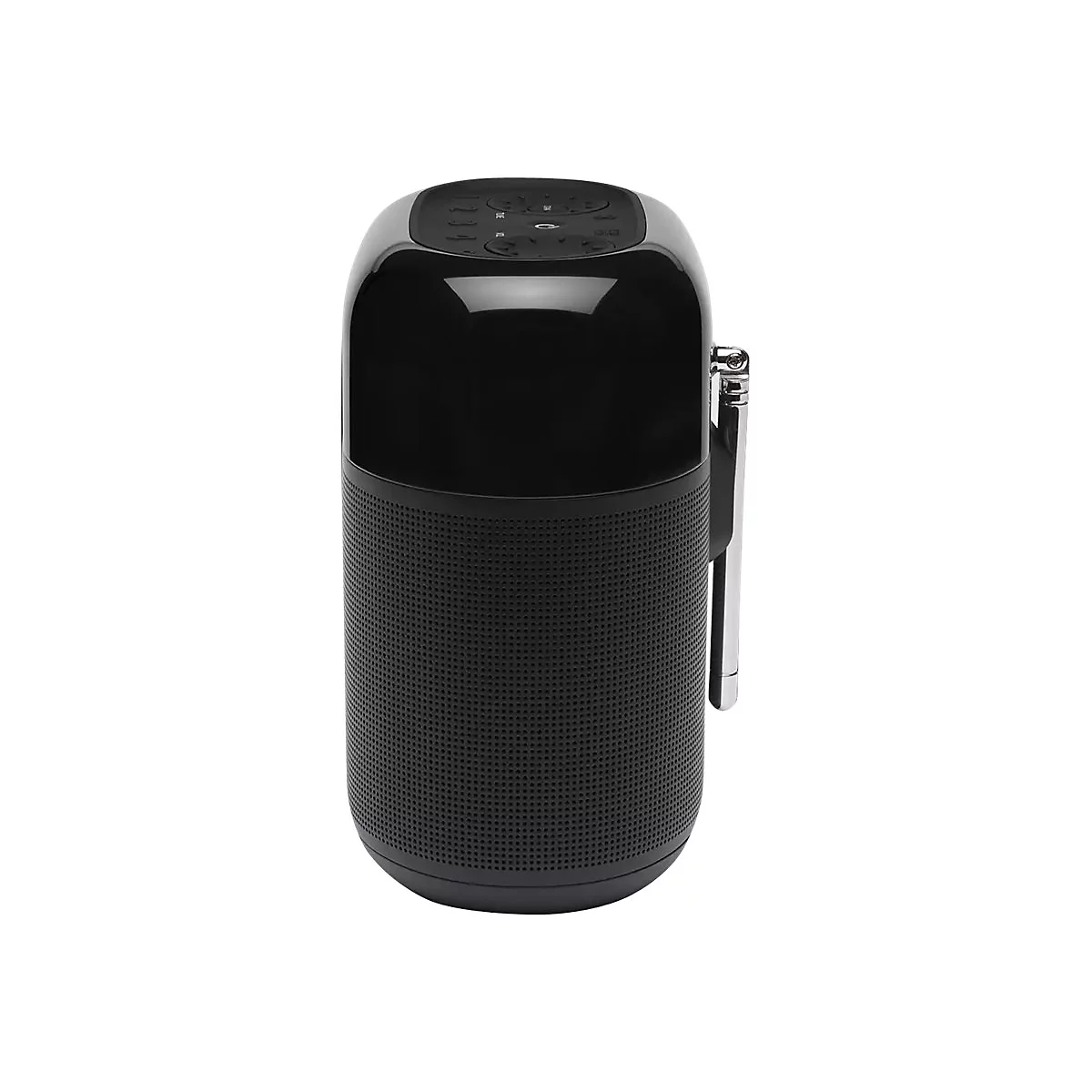Schwarzer, zylindrischer Bluetooth-Lautsprecher. Auf der Oberseite befinden sich Bedienknöpfe. Rechts eine Antenne.