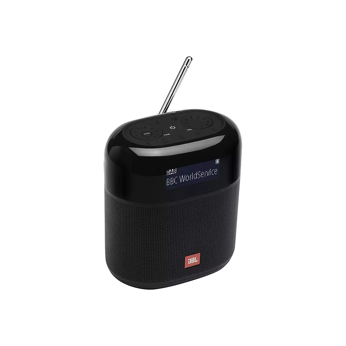 Schwarzes JBL-Radio mit ausgefahrener Antenne. Auf dem Display ist BBC WorldService zu sehen.