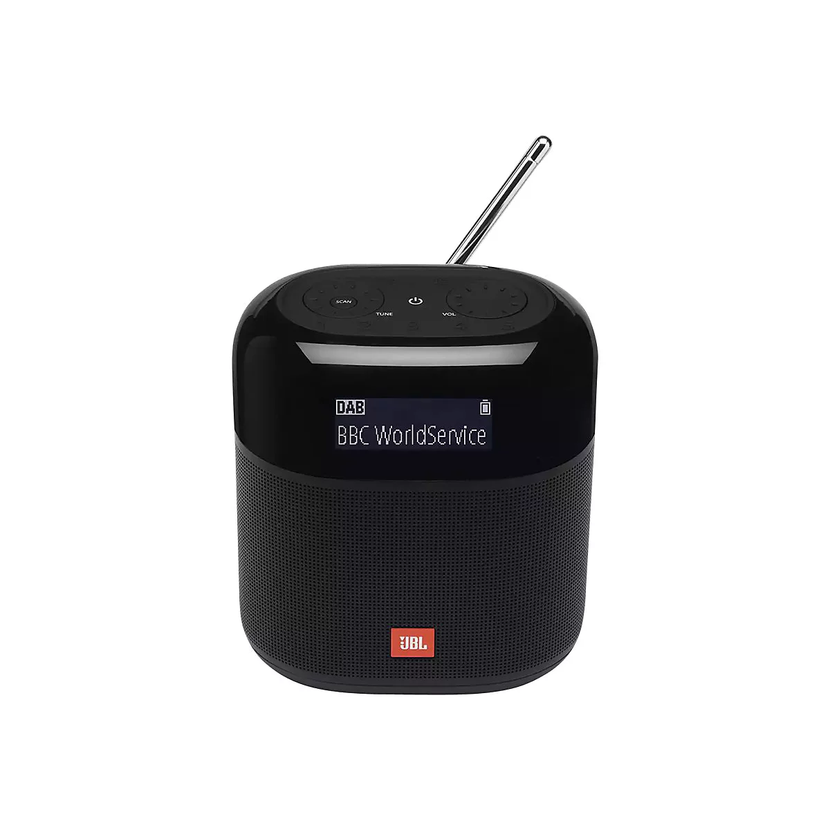 Schwarzes JBL DAB-Radio. Bildschirm mit BBC WorldService. Ausziehbare Antenne, Knöpfe oben.