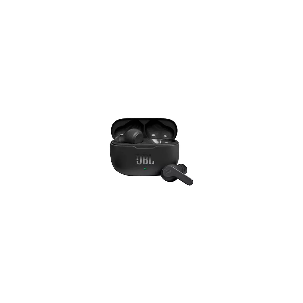 Schwarze JBL In-Ear-Kopfhörer mit offenem Ladecase vor weißem Hintergrund.