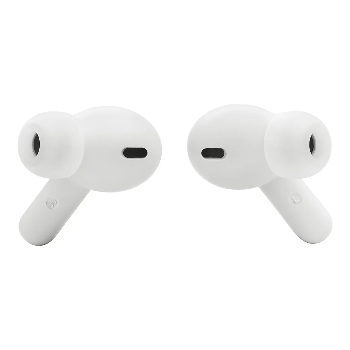 Zwei weiße kabellose In-Ear-Kopfhörer vor weißem Hintergrund, ein rechter und ein linker Hörer.