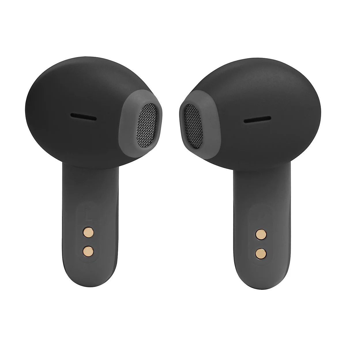 Zwei schwarze In-Ear-Kopfhörer vor weißem Hintergrund, erkennbar an den Ladekontakten und den Markierungen L und R.