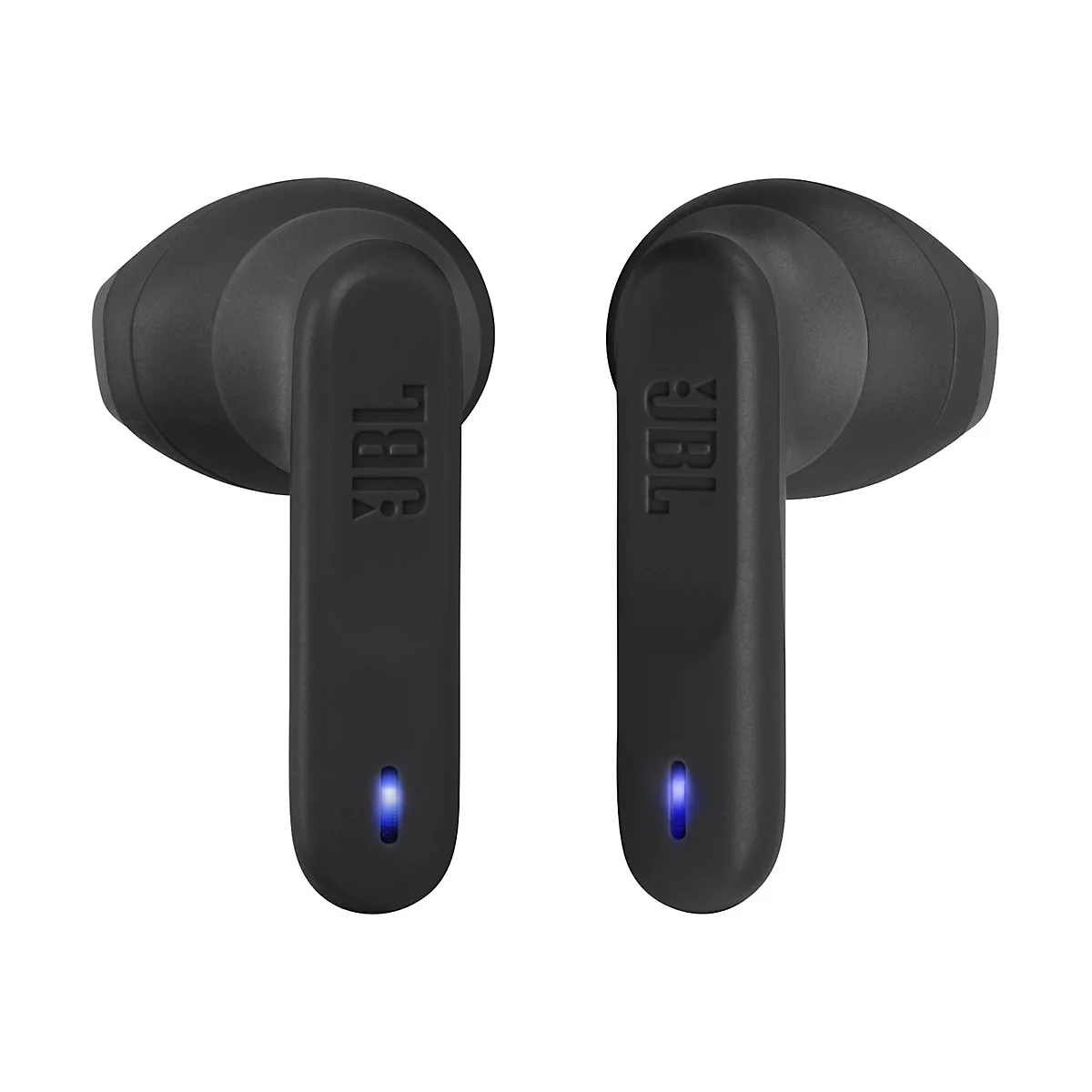 Zwei schwarze JBL-In-Ear-Kopfhörer vor weißem Hintergrund mit leuchtenden blauen LED-Statusanzeigen.