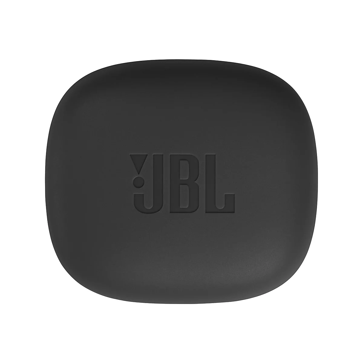 Schwarzes, abgerundetes JBL-Ladeetui für In-Ear-Kopfhörer von oben betrachtet.