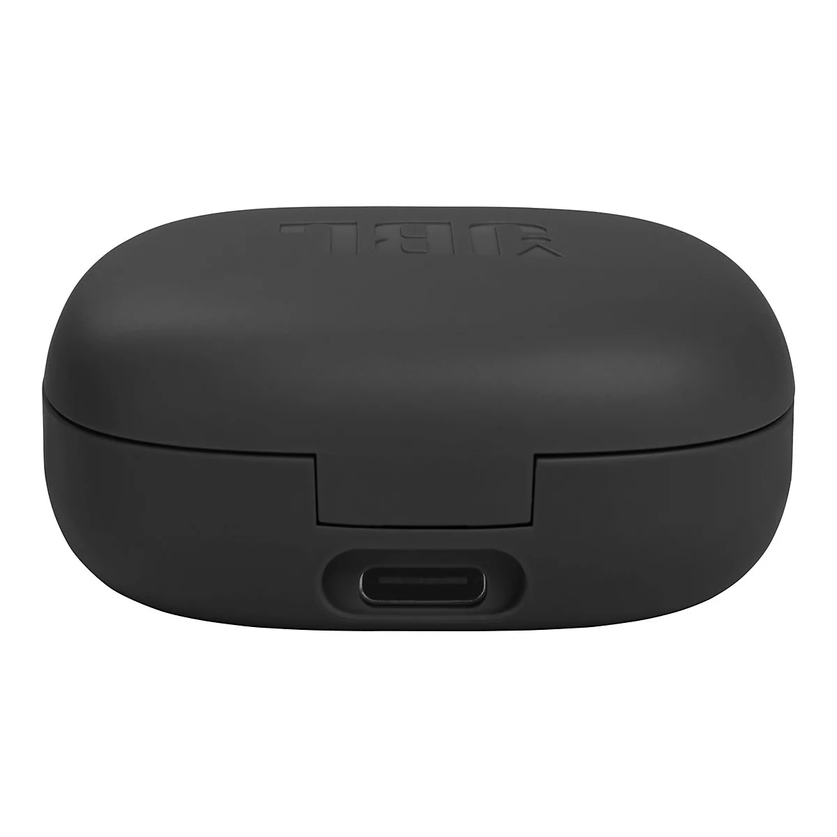 Schwarzes Ladecase für Ohrhörer mit USB-C-Anschluss an der Vorderseite.