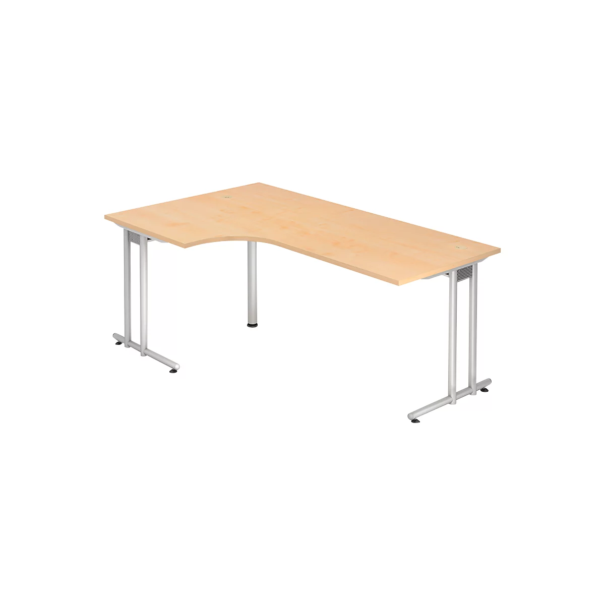 L-shaped desk made of light wood with metal legs, rounded on the left. The surface has a light wood grain.