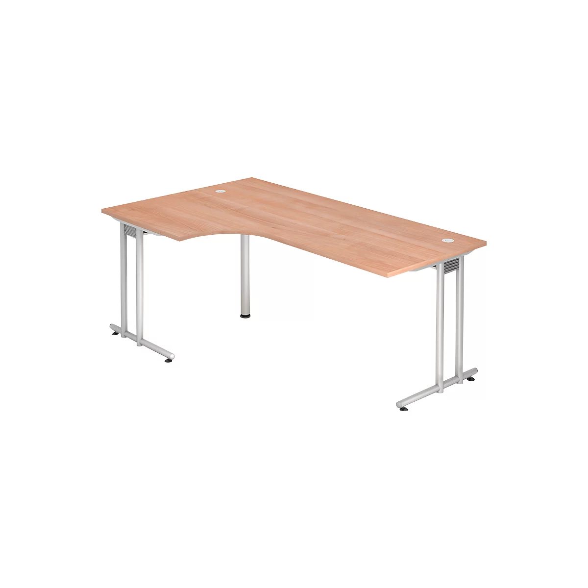 An L-shaped wooden desk, secured by silver legs. There are two circular openings on the table top.