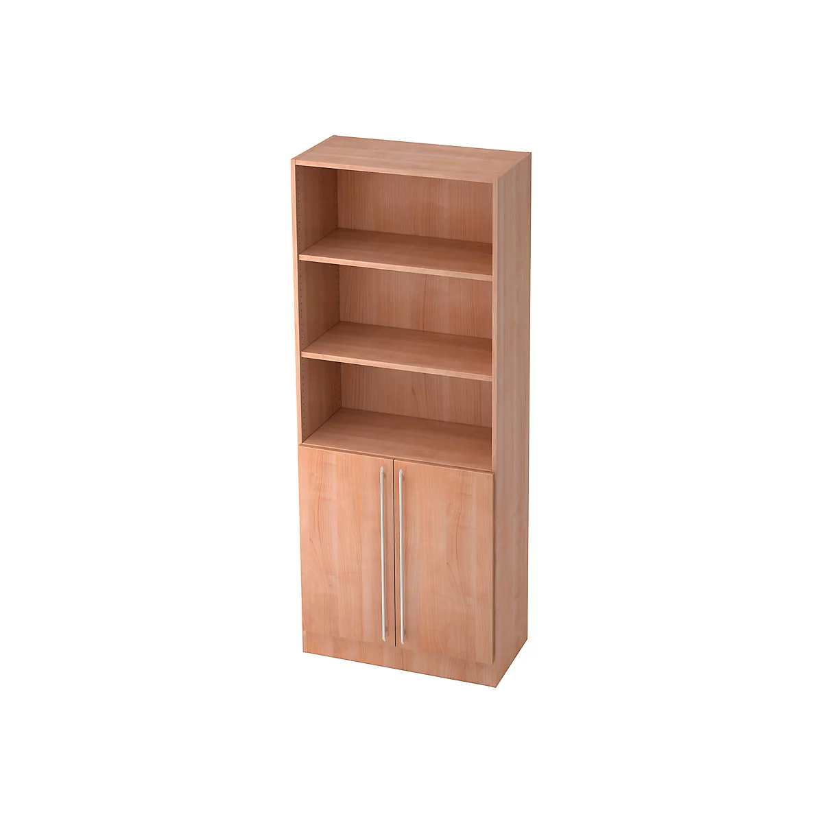 Tall, light wood bookcase with three open shelves and two doors at the bottom.