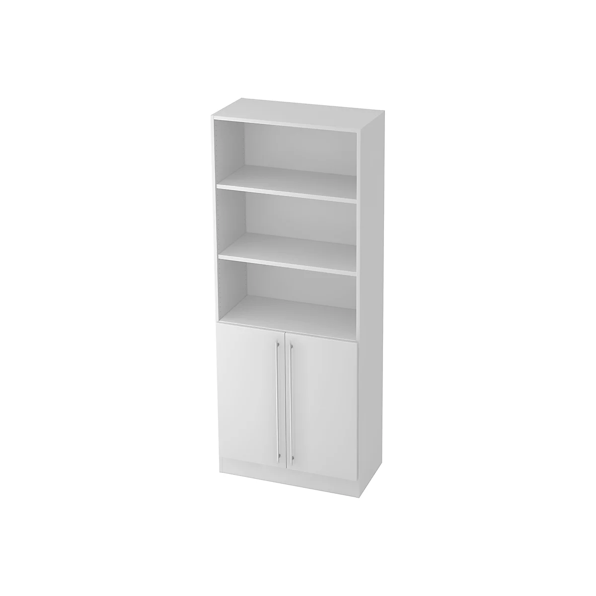 White bookcase with open shelves and double doors, standing vertically.