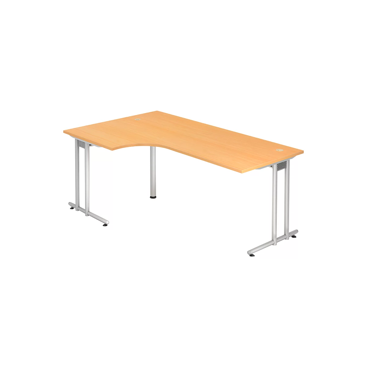 Beige corner desk with silver legs, on a white background.