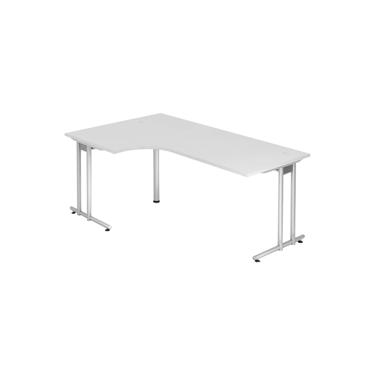 White corner desk with silver legs, rounded on the left.