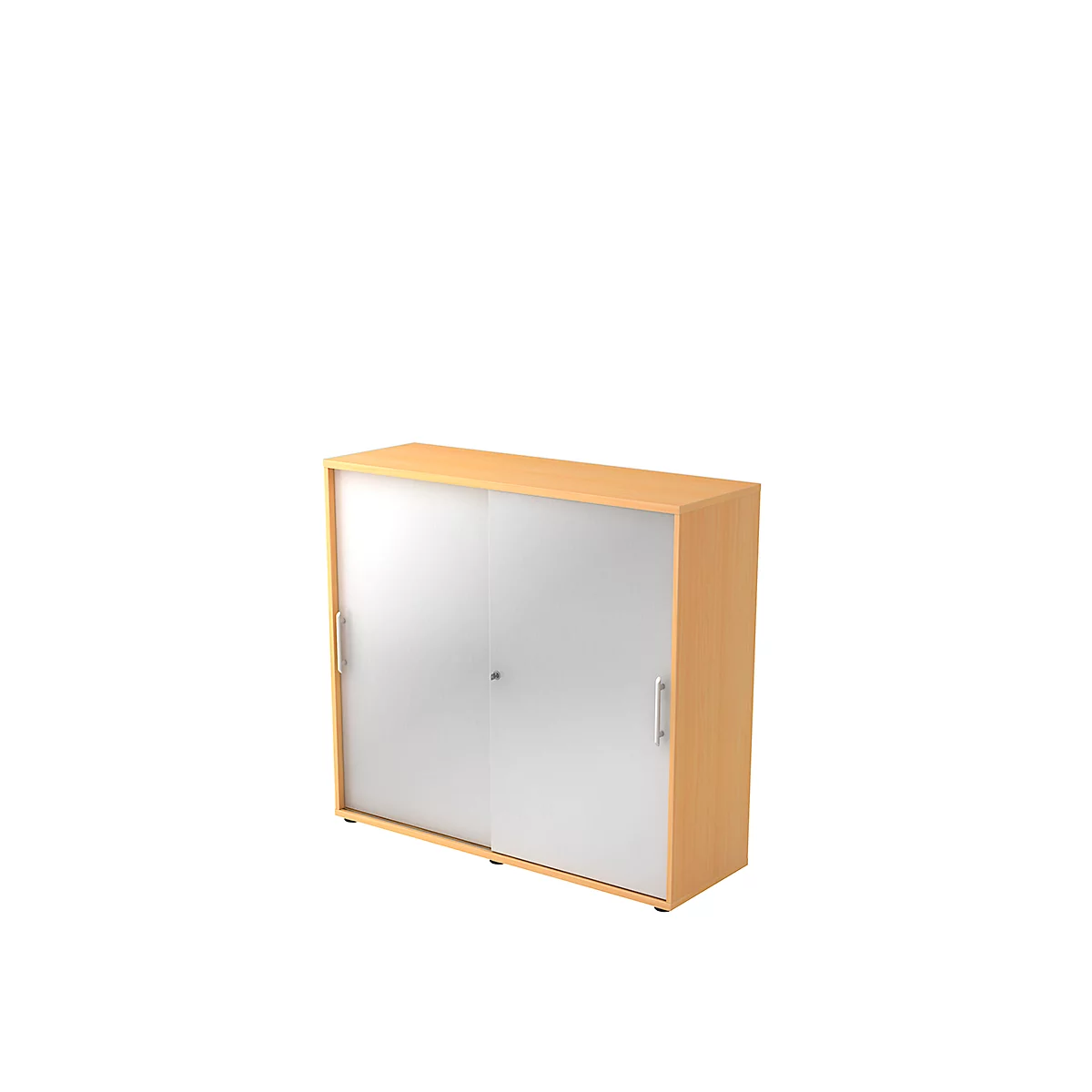 Wooden cabinet with sliding glass doors. The cabinet has a rectangular shape and a light wood color.