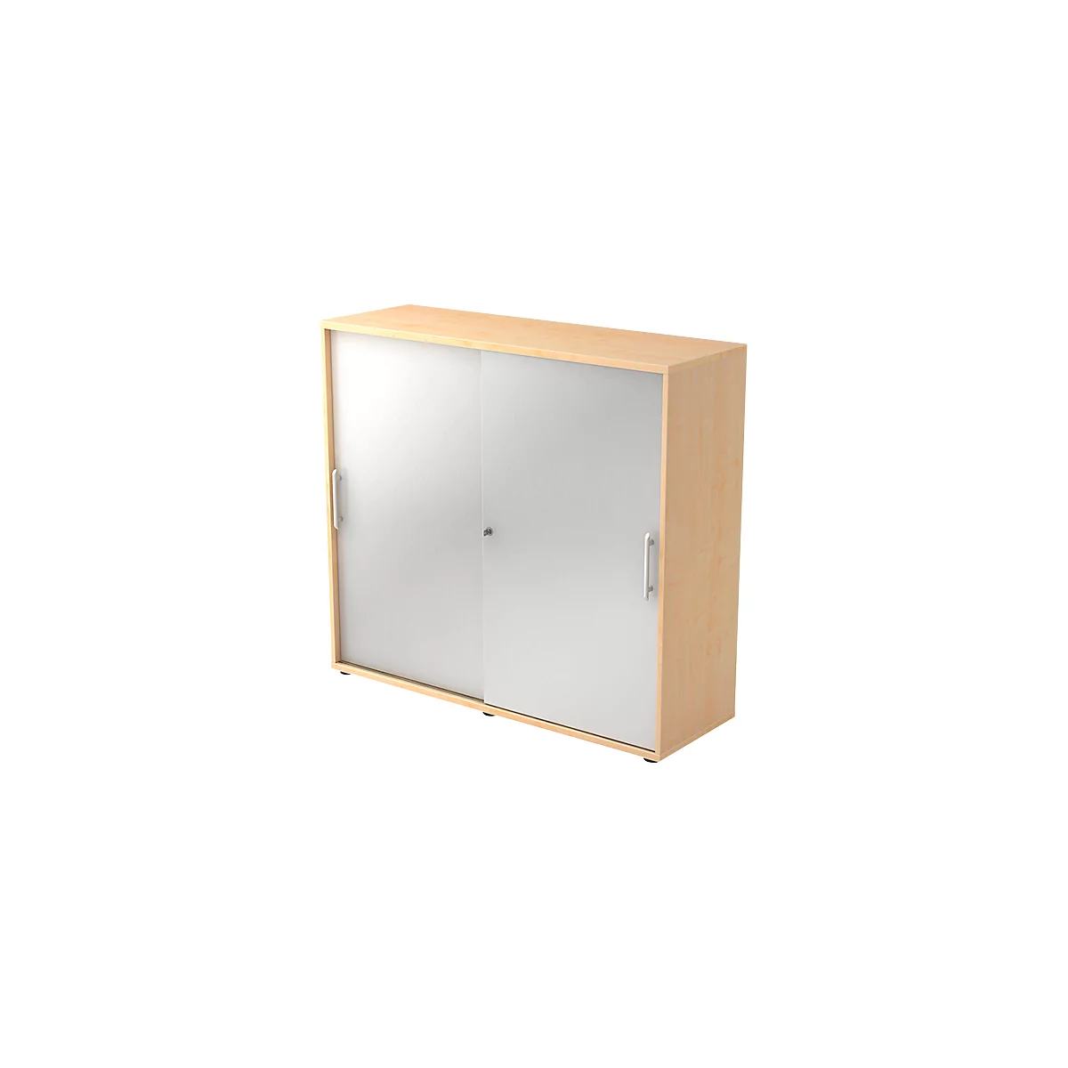Cabinet with two sliding doors made of frosted glass. Light wood, metal handles.