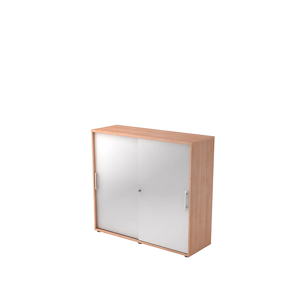 Wooden cabinet with sliding doors. Frosted glass doors. Chrome-look handles and lock.