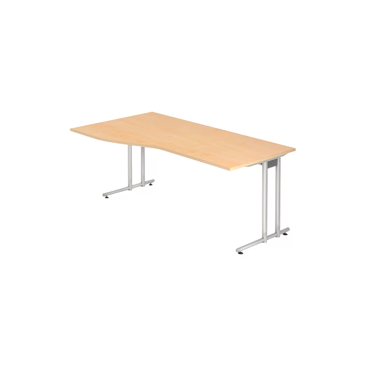 A light-colored wooden desk with metal legs, freestanding against a neutral background.
