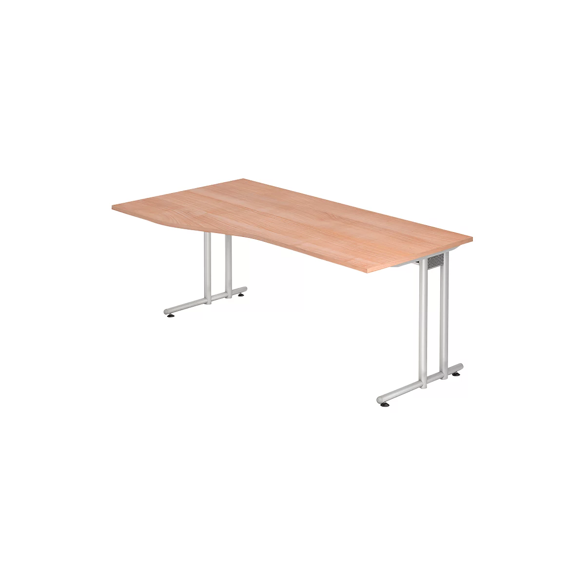 A light-colored, rectangular desk with a slightly curved edge. It has silver legs and stands against a neutral background.