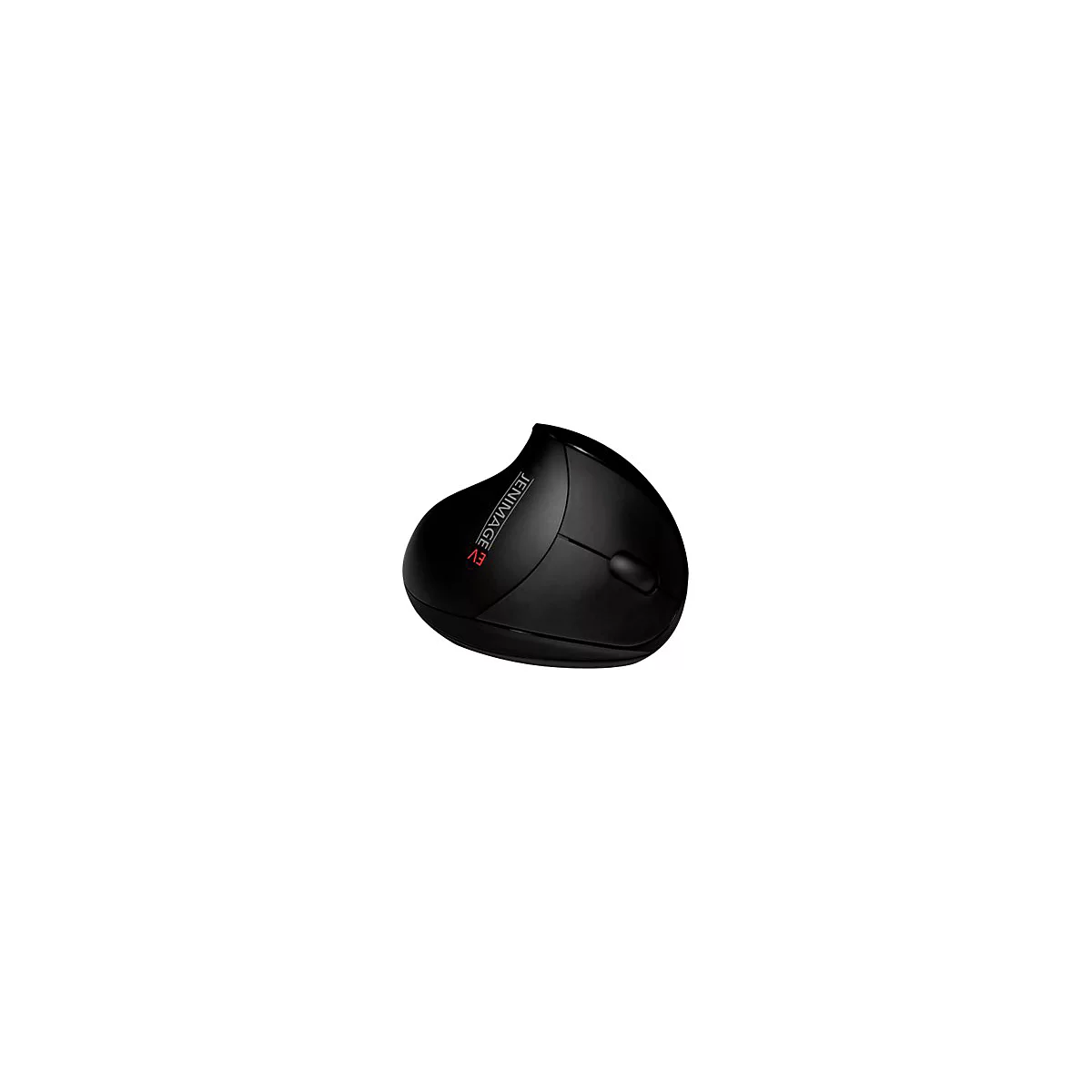 Schwarze, ergonomische Maus mit dem Schriftzug 'JENIMAGE' und 'E2' in Rot.