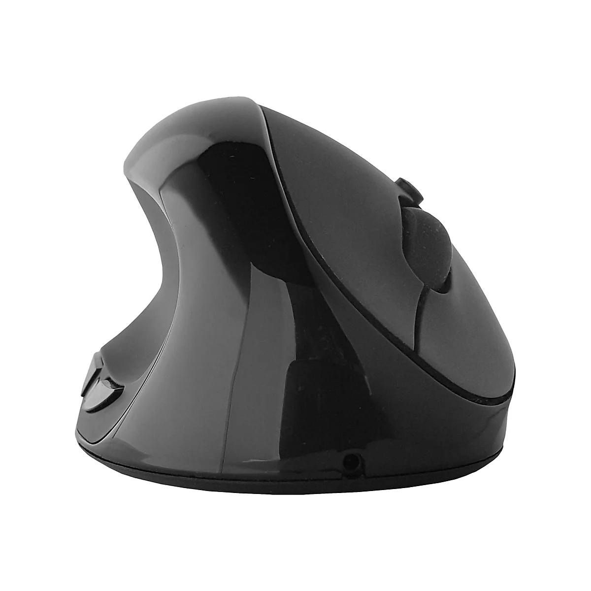 Draufsicht auf eine ergonomische, schwarze Maus mit Seitentasten und Daumenablage auf weißem Hintergrund.