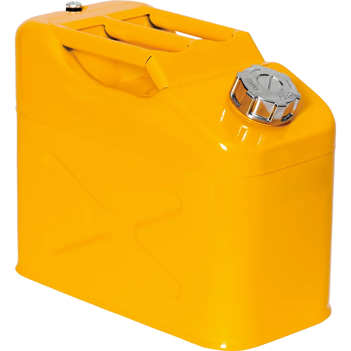 Jerrycan de sécurité, en tôle d'acier, 10 l, L 170 x P 340 x H 280 mm, bouchon à vis, valve de ventilation, jaune